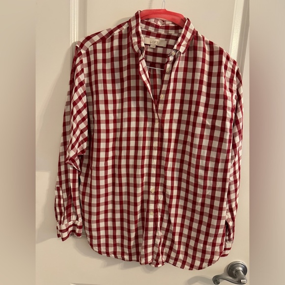 Ann Taylor Loft, red and white checkered button down shirt, size small. - Picture 1 of 3